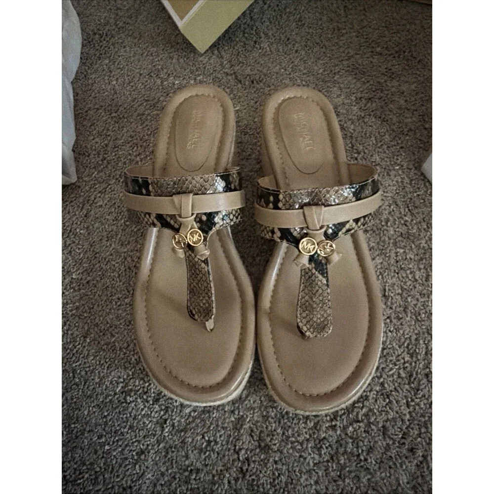 Y2K Hobo MK Zoe Rattan Wedge Sandal Faux Python Leather Women Sz 7.5 M Camel